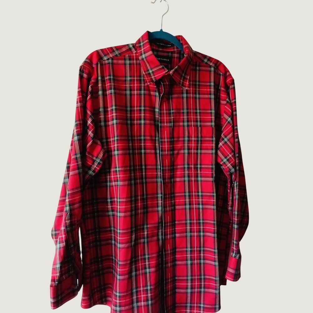 Paul Fredrick Mens Red Tartan Plaid Non-Iron Cotton Shirt 17 x 34 Classic Fit
